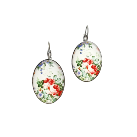 earrings oval silver steel floral